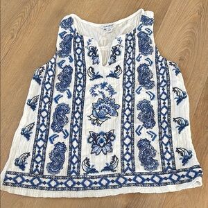 Embroidered Blue and White Sleeveless Top